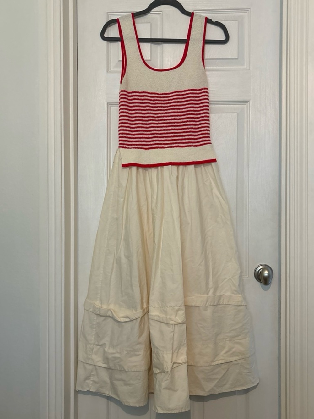 Moon River Cream Maxi Dress with Red Striped Bodice
